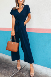 Einfarbiger Bandage-Jumpsuit mit V-Ausschnitt und Bootcut